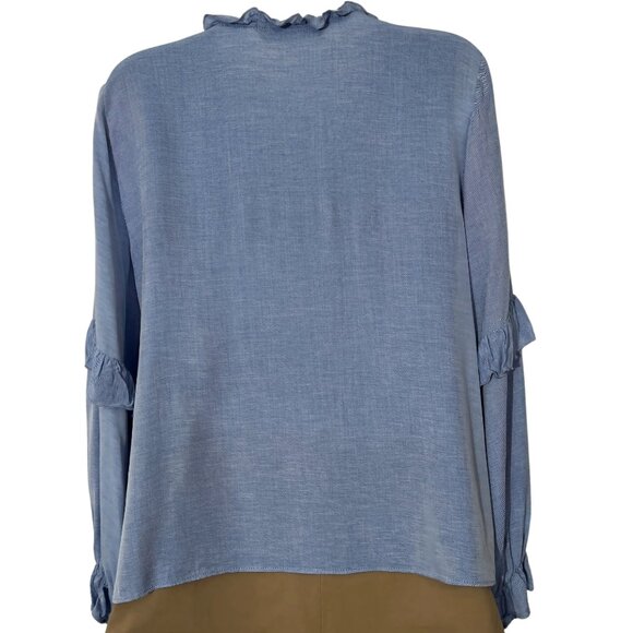 Zara Denim Ruffle Blouse w/ Balloon Sleeves - M - Picture 2 of 11